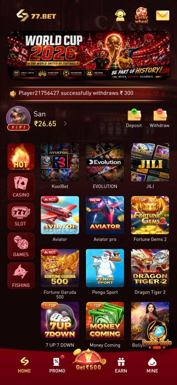 77 Game 77BET app home screen showing the Hot games lobby with Aviator, Fortune Gems and 7 UP 7 DOWN