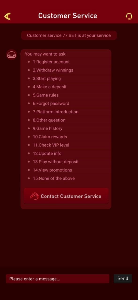 Customer service chat with common questions and a contact button
