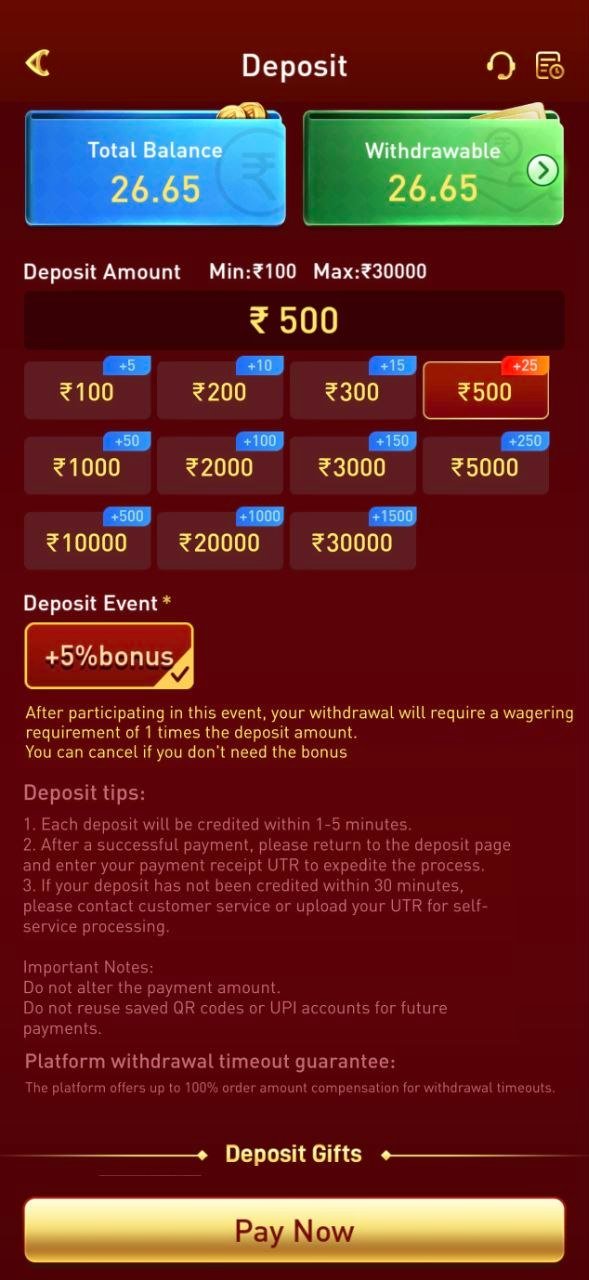 Deposit screen showing amounts from ₹100 to ₹30,000 and deposit tips